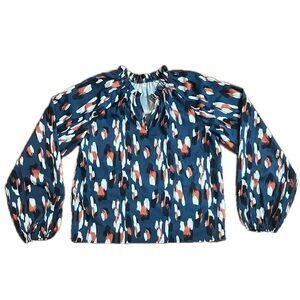 SHEIN Long Sleeved Ruffle Neck Geo Print Blouse Blue Size Small